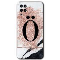 Samsung Galaxy M12 HD Baskılı Kılıf + 9D Tam Ekran Koruyucu - Pembe Mermer Desenli Ö Harfi