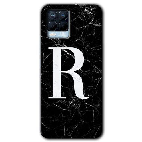 Realme 8 Kılıf Baskılı Arka Kapak - Siyah Mermer Desenli R Harfi +Tam Ekran Koruyucu