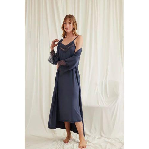 Dekolteli Yakası Ve Kolu Dantelli Sabahlık Takımı