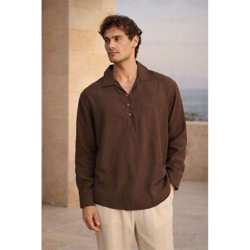 Baldwin Apaş Yaka Britli 3 Düğmeli İnce Modal Kumaş Oversize Uzun Kollu Yazlık Erkek Gömlek - Kahve