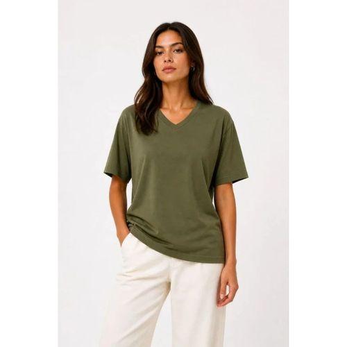 V Yaka Basic Tişört Kısa Kol Yazlık Regular Fit T-Shirt - Haki