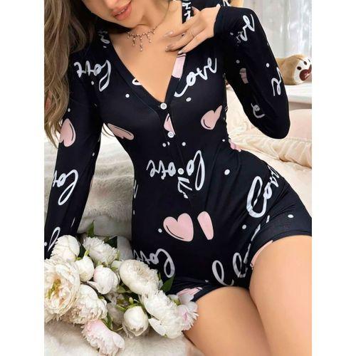 Kadın Siyah Kalp Desenli Love Yazılı Pijama Tulumu 5124