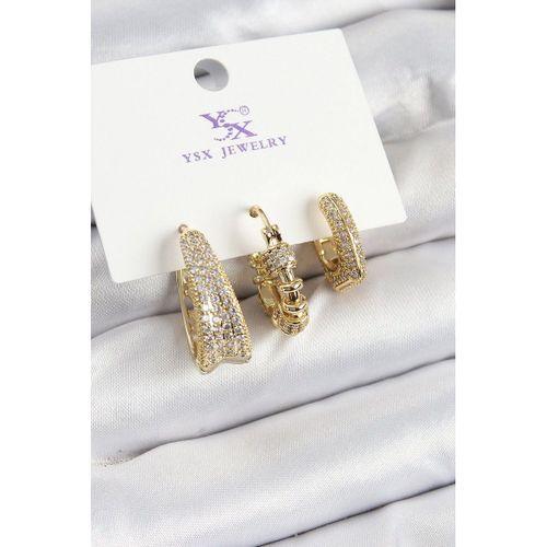 Pirinç Zİrkon Taşlı Halka Model Gold Renk 3'lü Kadın Küpe
