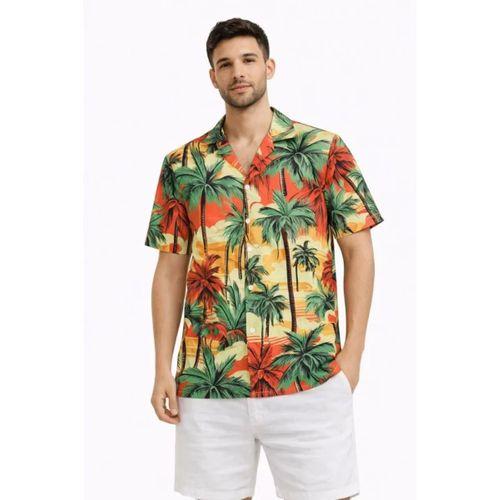 Erkek Hawaii Tarz Tropikal Palmiye Desenli Kısa Kol Gömlek Rahat Kalıp Yazlık - Desenli
