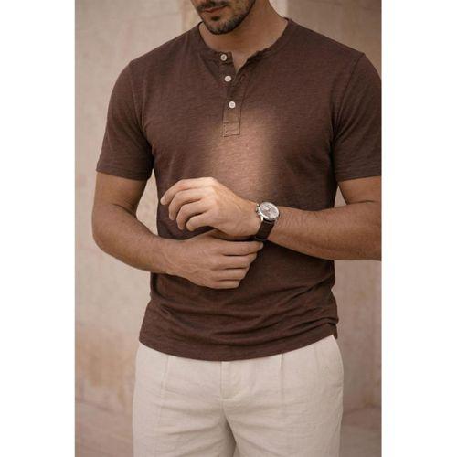 Edgar Regular Fit 3 Düğmeli Pat Flamlı Suprem Kumaş Pis Yaka Erkek T-Shirt - Kahve