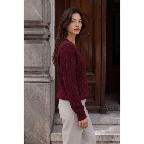 Alina Saç Örgülü V Yaka Kadın Triko Kazak - Bordo