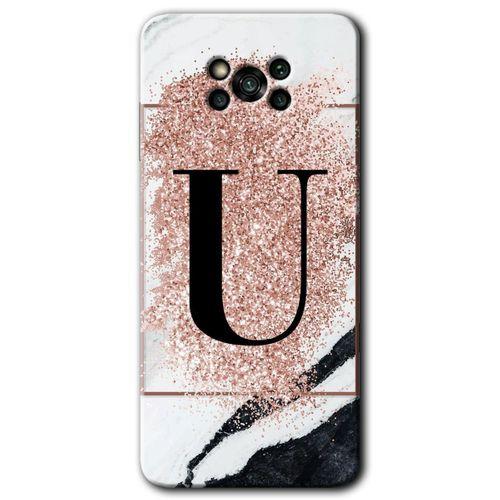 BeRa Aksesuar Poco x3 NFC Kılıf Baskılı Kapak - Pembe Mermer Desenli U Harfi +Tam Kaplayan Mat Seramik