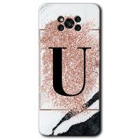 BeRa Aksesuar Poco x3 NFC Kılıf Baskılı Kapak - Pembe Mermer Desenli U Harfi +Tam Kaplayan Mat Seramik