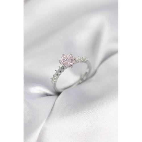 Gümüş Renk Pembe Tek Taş Model Zirkon Taşlı Kadın Yüzük