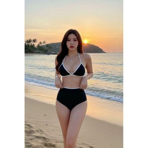 Siyah Beyaz Kaşkorse Kumaş Yüksek Bel Bikini Takımı Esnek Rahat Kesim Yazlık Kadın Mayo Seti