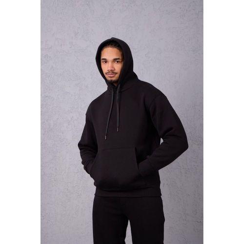 Şardonlu Kanguru Cepli Sweatshirt - 3 İplik Şardonlu Lastik Paça Erkek Eşofman Altı- Eşofman Takımı - Siyah