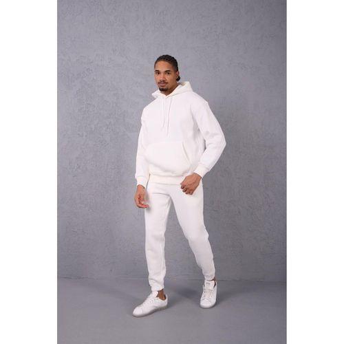 Şardonlu Kanguru Cepli Sweatshirt - 3 İplik Şardonlu Lastik Paça Erkek Eşofman Altı- Eşofman Takımı - Ekru