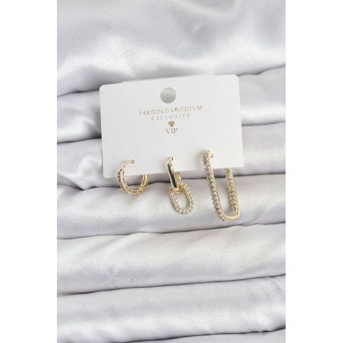 Gold Renk Zirkon Taşlı 3'lü Kadın Küpe Seti