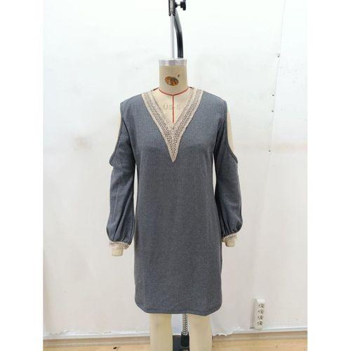 Kadın Uzun Kollu Omuzdan Açık V Dantel Yakalı Mini Waffle Elbise