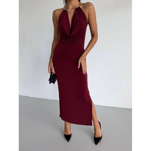 Kadın Boyun Aksesuarlı Halter Yaka Maxi Boy Sandy Kumaş Elbise