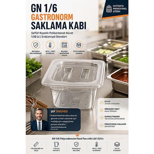 GN 1/6 Polikarbonat Gastronorm Küvet Şeffaf Kapaklı Saklama Kabı 1.53 Lt Endüstriyel Sos Garnitür Küveti 723544