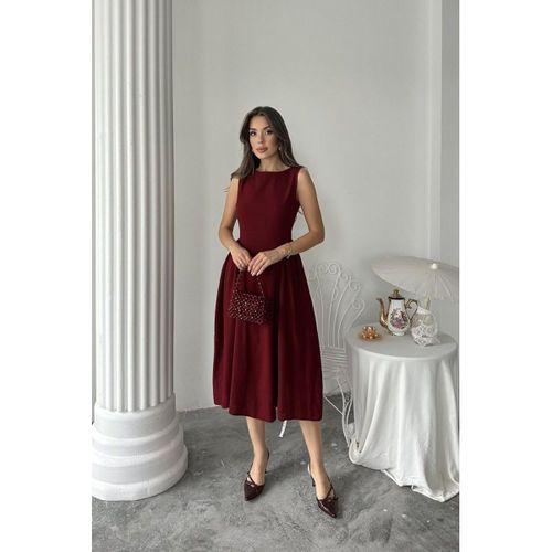 Bordo Yanları Büzgülü Midi Boy Keten Elbise