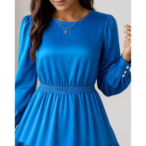 Kadın Uzun Kollu Bisiklet Yaka Beli Lastikli Fırfırlı Ithal Krep Elbise