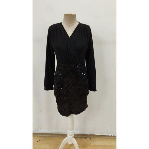 Kadın Uzun Kollu Kruvaze Yakalı üst Ithal Krep Alt Pulpayetli Mini Ithal Krep Elbise