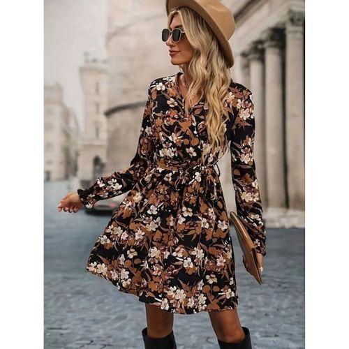 Kadın Uzun Kollu Kruvaze Yakalı Belden Kuşaklı çiçek Desenli Mikro Süprem Mini Elbise