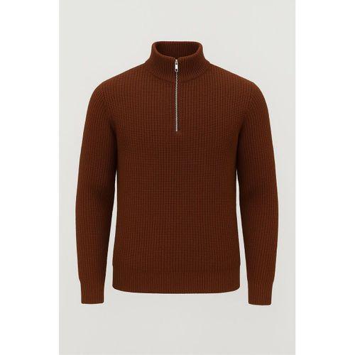 Nolan Oversize Selanik Örgü Yarım Fermuar Erkek Triko Kazak - Kahve