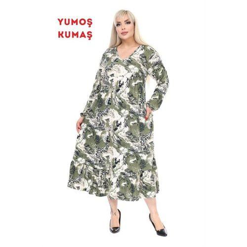 Melsay Butik Kışlık Robalı Yumoş Uzun Kollu Yeşil Batik Desenli Cepli Elbise