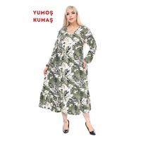 Melsay Butik Kışlık Robalı Yumoş Uzun Kollu Yeşil Batik Desenli Cepli Elbise