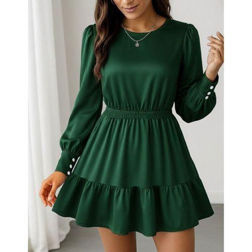 Kadın Uzun Kollu Bisiklet Yaka Beli Lastikli Fırfırlı Ithal Krep Elbise