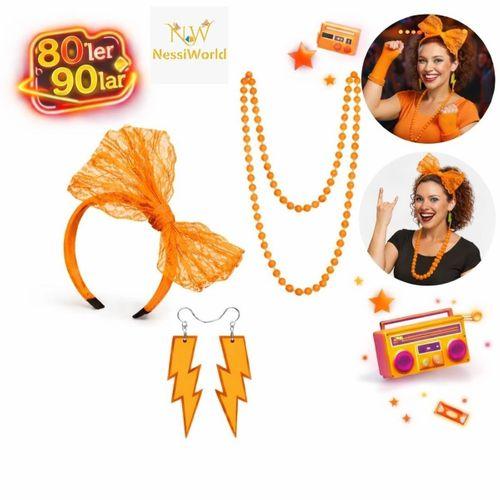 80’ler 90’lar Neon Turuncu Parti Seti – Kolye Küpe Taç