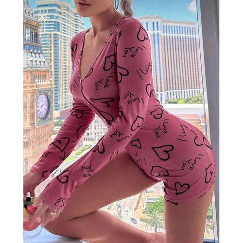 Pamuklu Pembe Siyah Kalp Desenli Düğmeli Uzun Kol Tulum Pijama