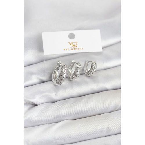 Pirinç Gümüş Renk Zirkon Taşlı Halka Model YSX Trio Küpe Seti - TJ-BKP11559