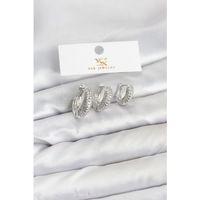 Pirinç Gümüş Renk Zirkon Taşlı Halka Model YSX Trio Küpe Seti - TJ-BKP11559