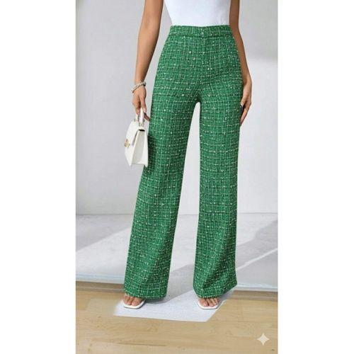 Kadın Yüksek Bel Paçaya Doğru Geniş Dokuma Pantolon