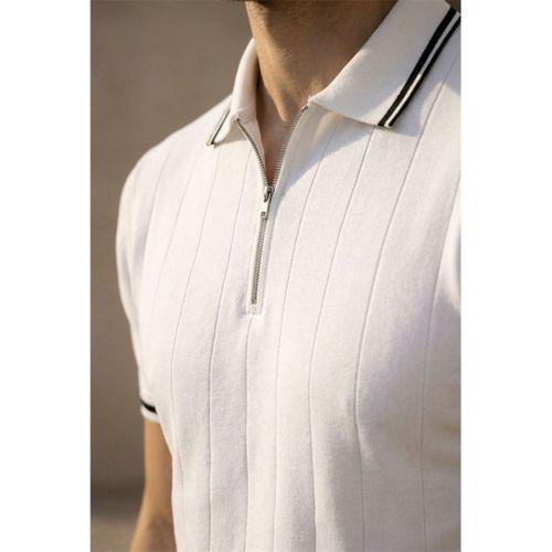 Jared Yakası Şeritli Dik Çizgili Yarım Fermuar İnce Triko Erkek T-Shirt - Beyaz
