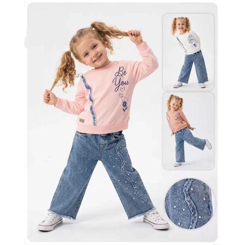 3/6 Yaş İncili Yazı Nakışlı Sweatli Kot Pantolonlu Çocuk Takımı