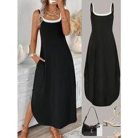 Kadın Ip Askılı Yuvarlak Yakalı Cepli Uzun Viskon Elbise