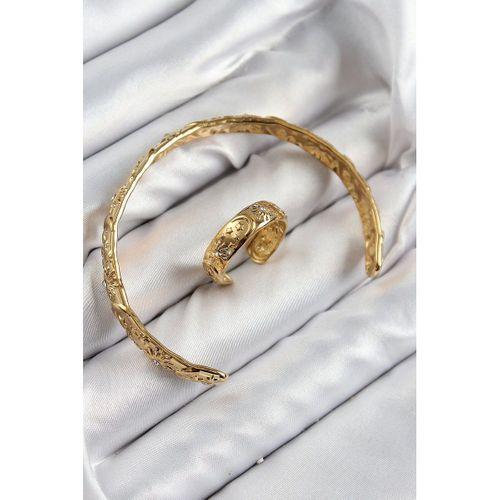 Pirinç Zirkon Taşlı Vintage Model Gold Renk Bileklik Yüzük Set
