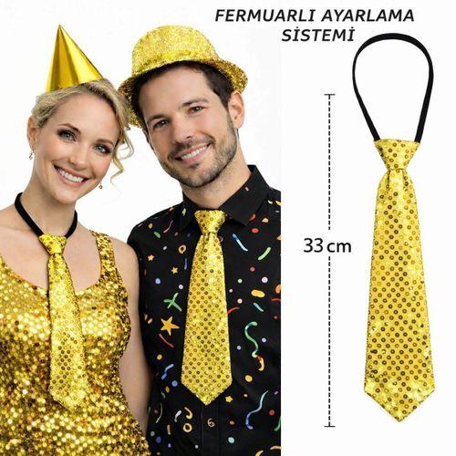 Altın Renk Pul Payetli Işıltılı Parti Kravatı 33 Cm