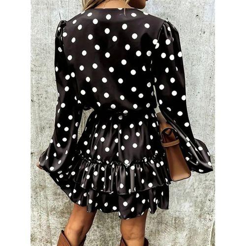 Kadın Uzun Kollu V Yakalı Belden Kuşaklı Puantiyeli Mini Modal Elbise