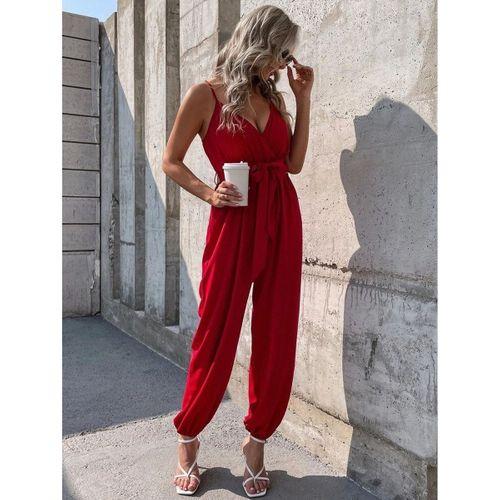 Kadın Ip Askılı Kruvaze Yakalı Belden Kuşaklı Uzun Sandy Tulum