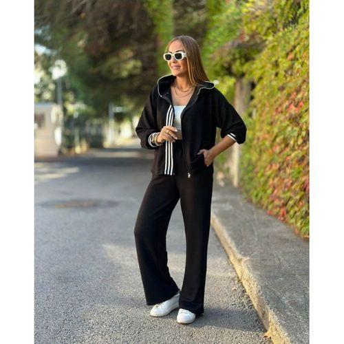 Kadın Uzun Kollu Kapşonlu Onu şerit Detaylı Fermuarlı Viskon Iki Iplik Bluz Ve Pantolon Ikili Takım