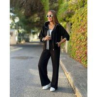 Kadın Uzun Kollu Kapşonlu Onu şerit Detaylı Fermuarlı Viskon Iki Iplik Bluz Ve Pantolon Ikili Takım