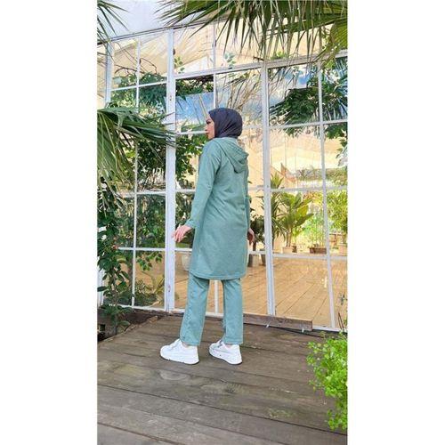 Çıtçıtlı Kapşonlu Uzun Tunik Pantolon İkili Tesettür Eşofman Takımı - 03078.100 - Çağla Yeşili