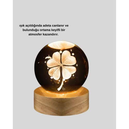 Bitki Temalı Led Işıklı Cam Küre Ahşap Standlı Modern Gece Lambası