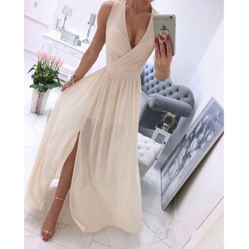 Kadın şifon Kumaş V Yaka Sıfır Kol Maxi Boy Elbise