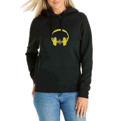DJ Headphone Baskılı Siyah Kadın Kapşonlu Sweatshirt