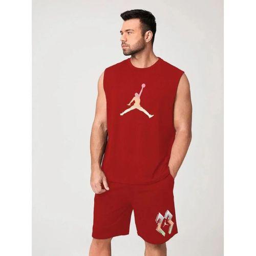 Erkek Sırt Baskılı Sıfır Kol İkili Şort Takım - Kırmızı