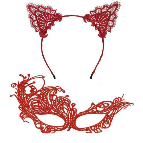 Eğitici Çocuk Gizemli Kırmızı Dantel Maske ve Taç Seti 1 No - Kostüm Seti