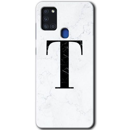 Samsung Galaxy A21s HD Baskılı Kılıf + 9D Tam Ekran Koruyucu - Beyaz Mermer Desenli T Harfi