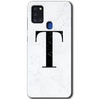 Samsung Galaxy A21s HD Baskılı Kılıf + 9D Tam Ekran Koruyucu - Beyaz Mermer Desenli T Harfi